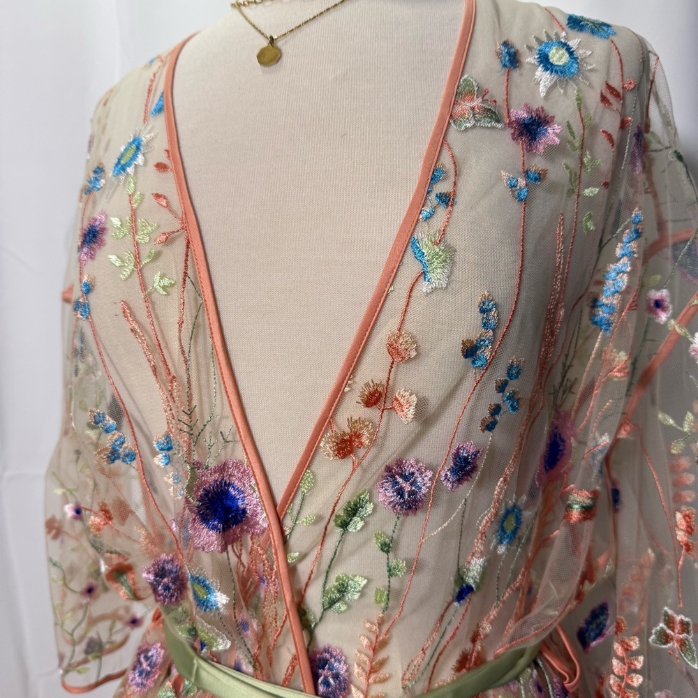 Rya Collection Valencia Pink, Blue, Green Floral Embroidered Mesh Cover Up M/L - Picture 3 of 13